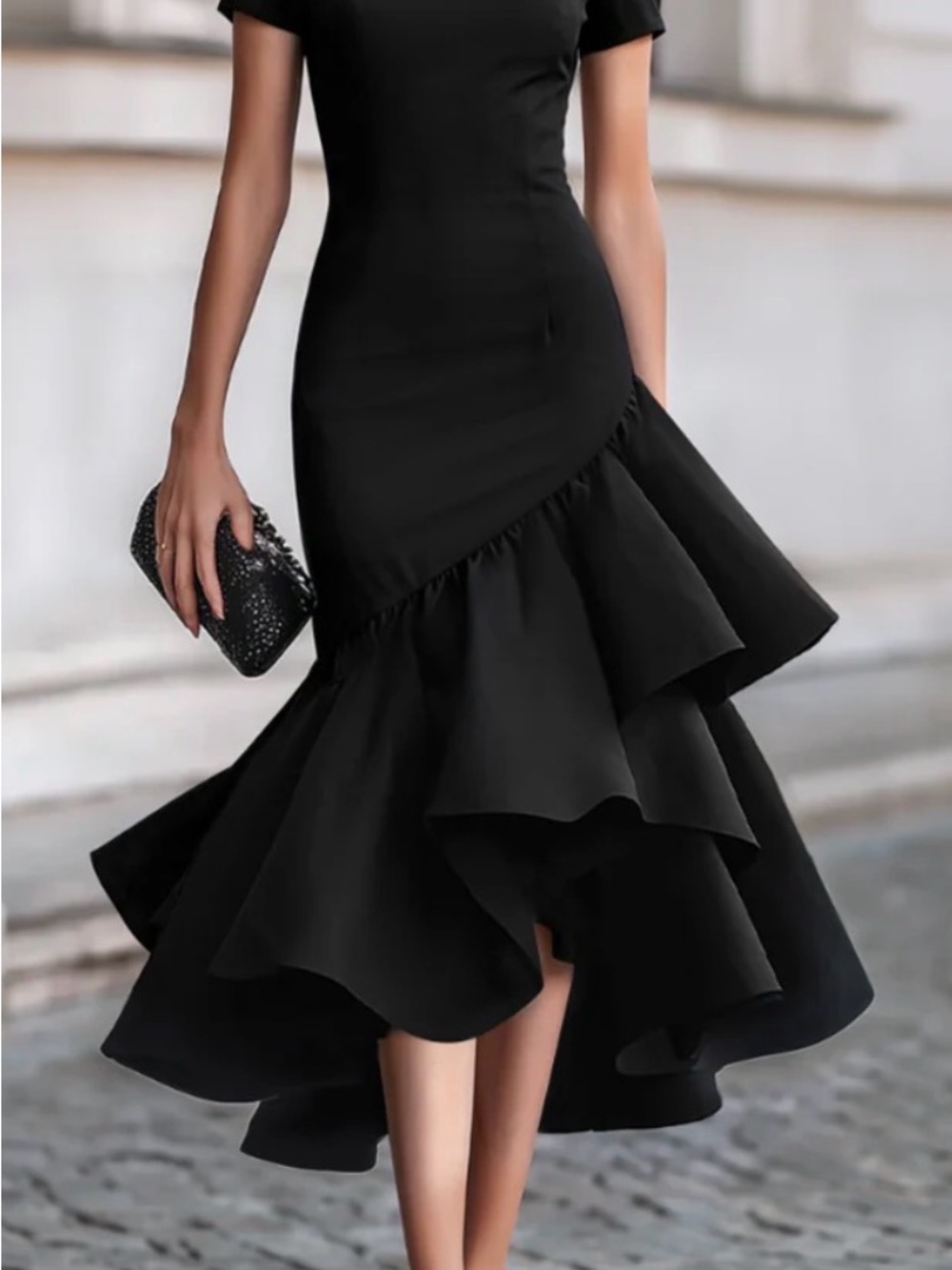 Asymmetrical Black Ruffled Maxi Dress - Elegant Women’s Evening Dress
